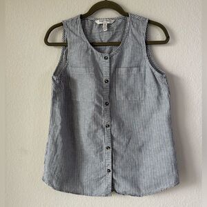 Ellen Tracy Linen Blend Striped Button Front Tank Top Sz M Gray White Coastal